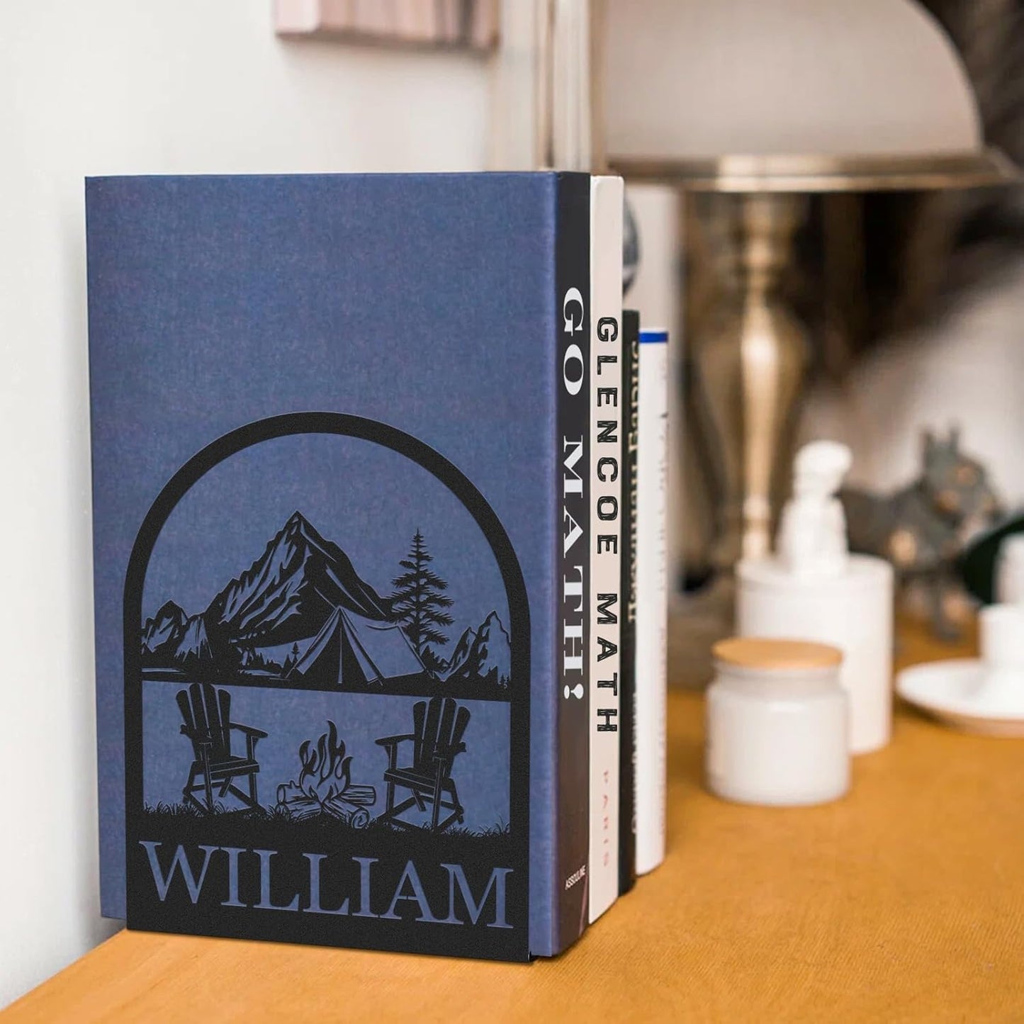 Personalized Name Metal Book Ends 2 Pcs, Modern Bookends for Shelves, Book Stopper for Heavy Books, Camping Bookshelf Decor, Book Organizer for Desk, Book Holders for Home Office, Gifts for Camper