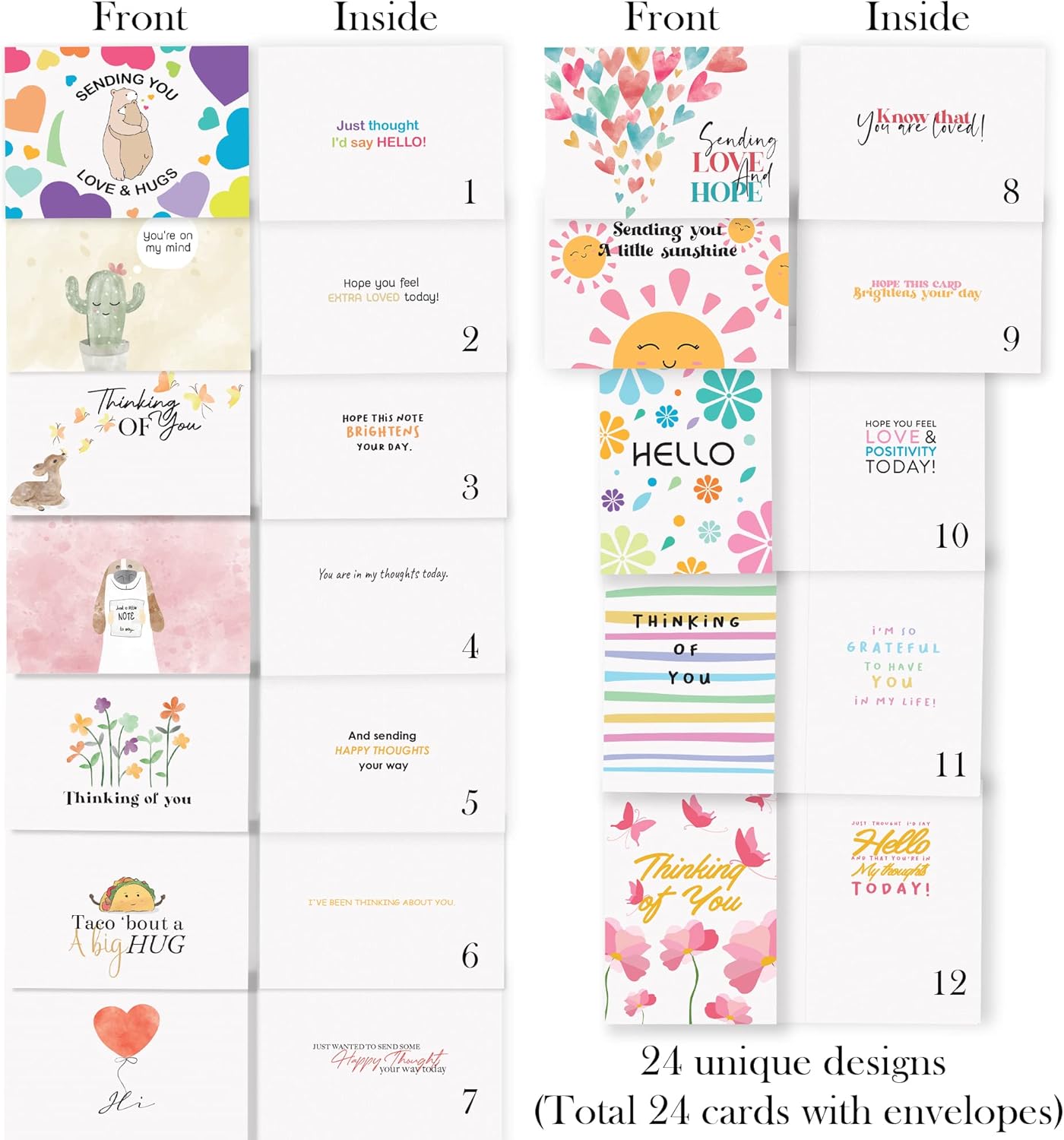 Thinking of You Cards with Envelopes - 24 Thinking of You Greeting Cards with Unique Designs and Inspiring Words - The Perfect Encouragement Cards to Send to a Close Friend, Relative or Loved One (24)