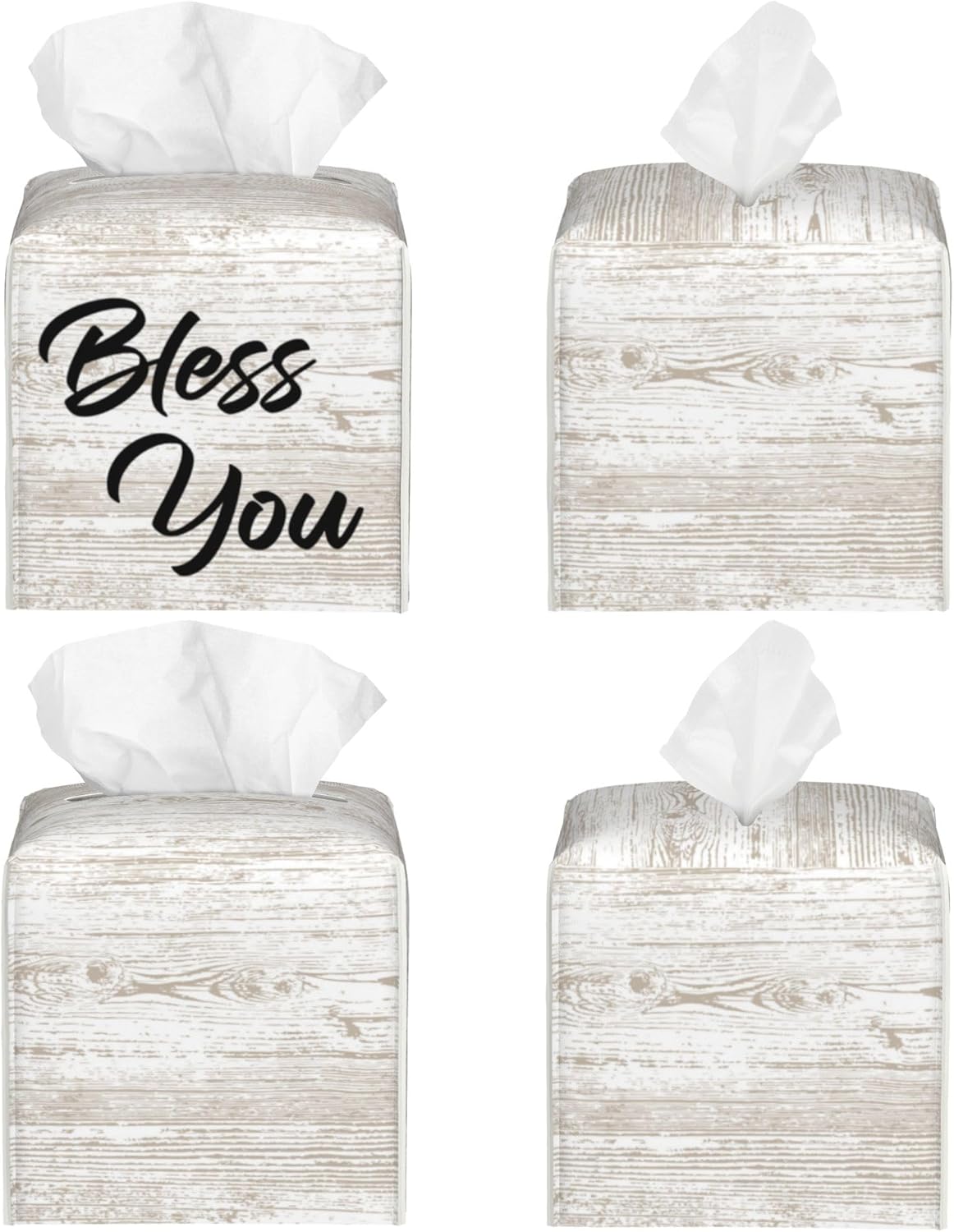 Bless You Tissue Box Cover Square, Wooden Board Texture Tissue Box Holder Waterproof Leather Facial Paper Organizer Dispenser for Bathroom Home Car Nightstand Vanity Desk