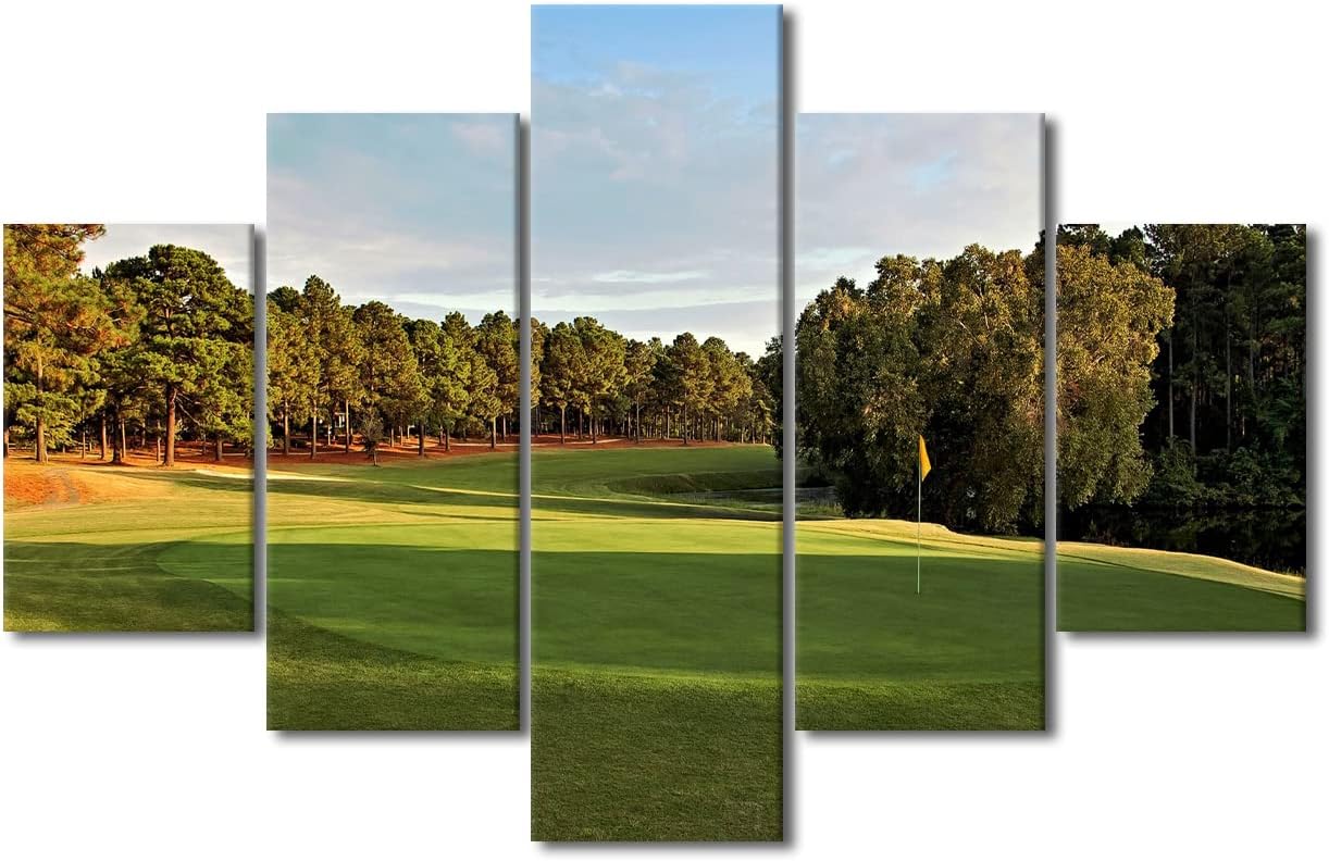 5 Piece Green Golf Course and Nature Landscape Wall Art Canvas Paintings for Living Room Bedroom Wall Decoration Modern Contemporary Pictures Home Decor Set Wooden Framed Ready to Hang - 60"W x 40"H