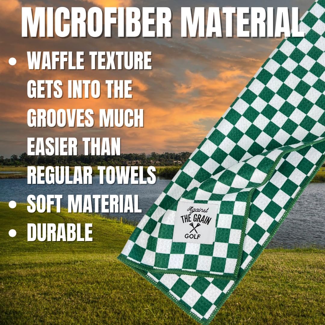 Against The Grain Microfiber Golf Towel with Clip - (12"x20") Green & White Checkered Design Golf Club Towel, Golf Towels for Golf Bags for Men & Women