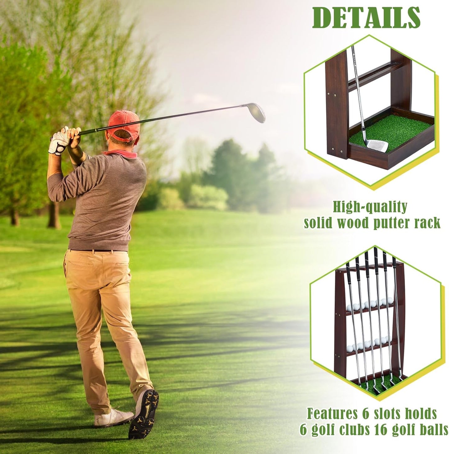 Lenwen Golf Putter Stand Wooden Display Rack Golf Club Holder Stand, Brown Golf Club Organizer for Storage Sports Indoor Home Garage