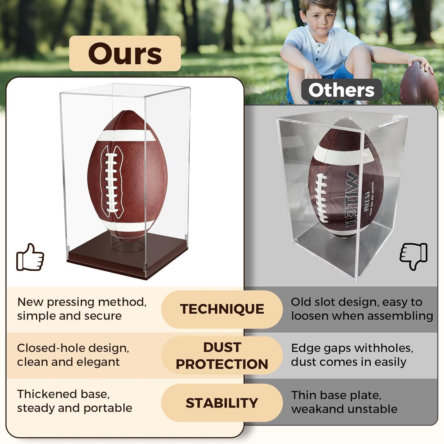 Football Display Case with Wooden Base, UV Protection Clear Acrylic Souvenir Display Box for Autographed Football, Memorabilia, Sports Collectibles, Vertical Brown