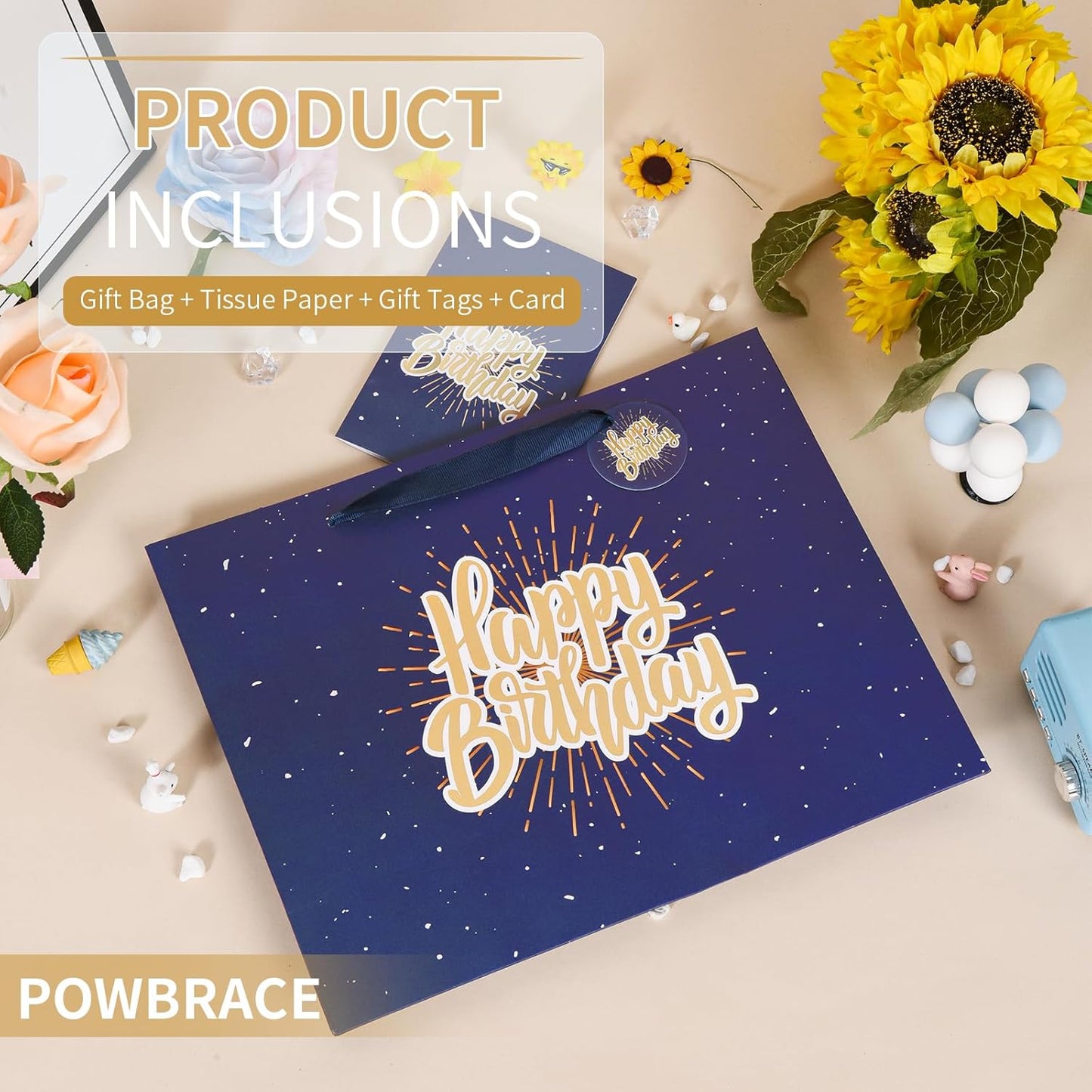 13" Blue Happy Birthday Gift Bag with Tissue Paper and Greeting Card for Party,Happy Birthday Gift Bag for Men Women, Gift Bags Medium size(1 PCS Blue)