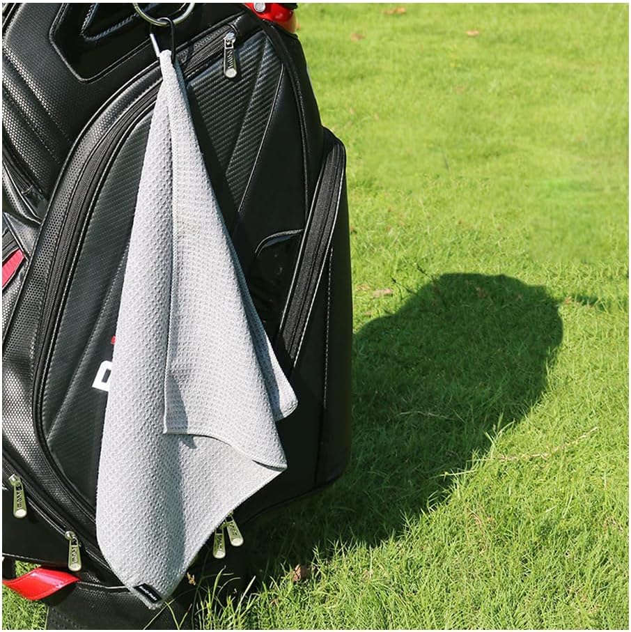 Golf Towels, Golf Towel and Brush Set, with Microfiber Waffle Design Golf Towel 16" X 24" with Hook and Loop Fastenerl and Retractable Zip-line Golf Club Brush (Grey)