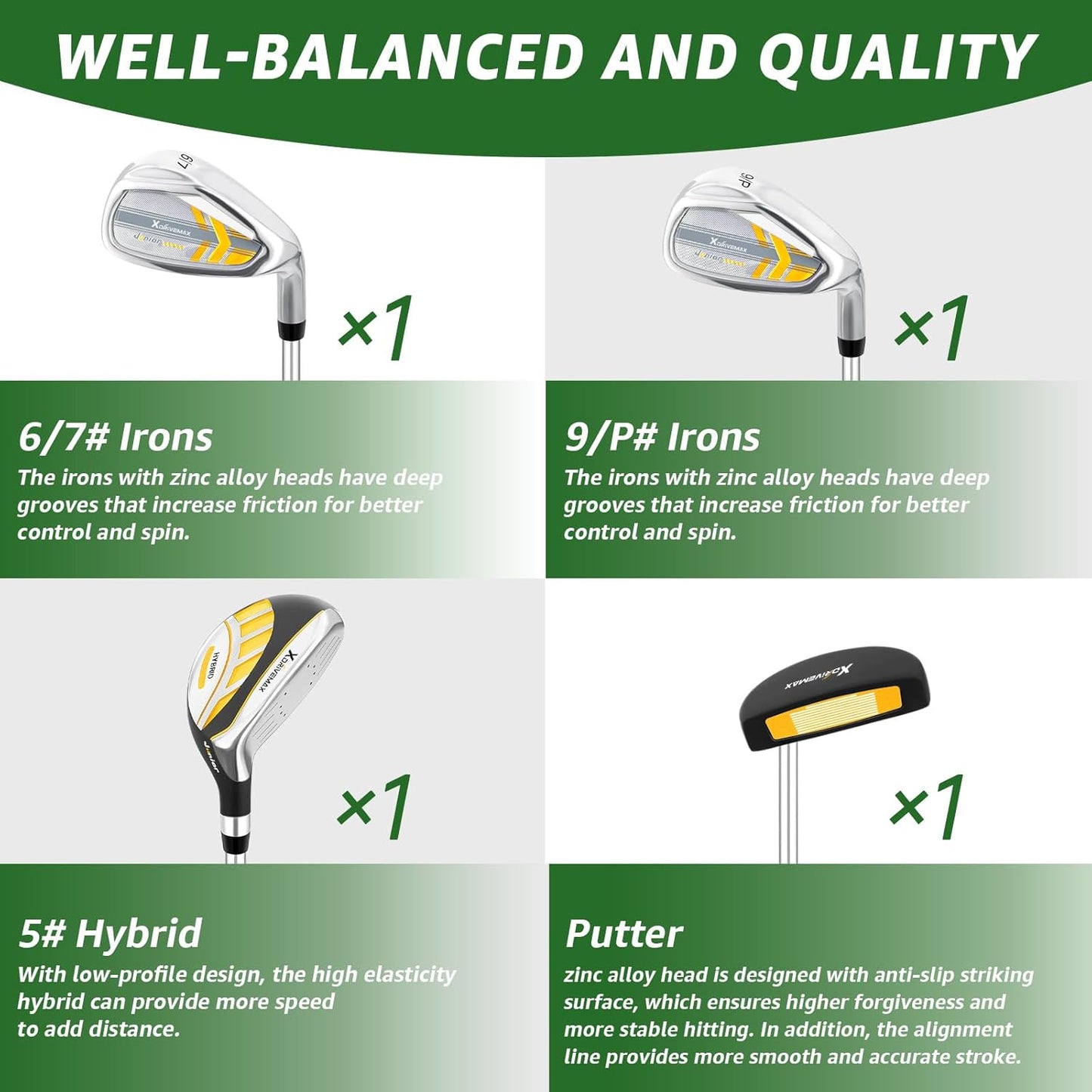 5/6 Pieces Kids Golf Club Set, Junior Golf Club Set Ages 4-12 Includes Stand Bag, 1# Drive, 5# Hybrid, 6/7#, 9/P# Irons and Putter Right Hand for Boys Girls