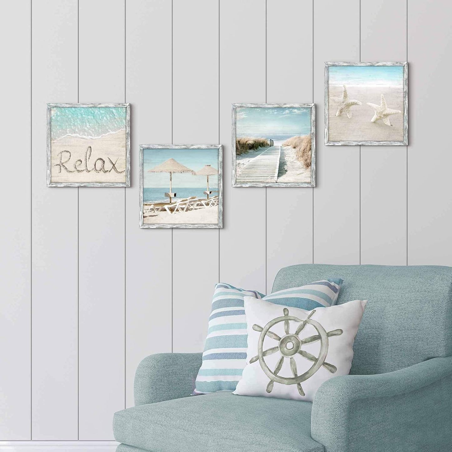 Ocean Framed Wood Wall Art: Beach Picture Seascape Artwork Coastal Prints Starfish Boardwalk Art Collection Wall Decor Set of 4 for Bathroom