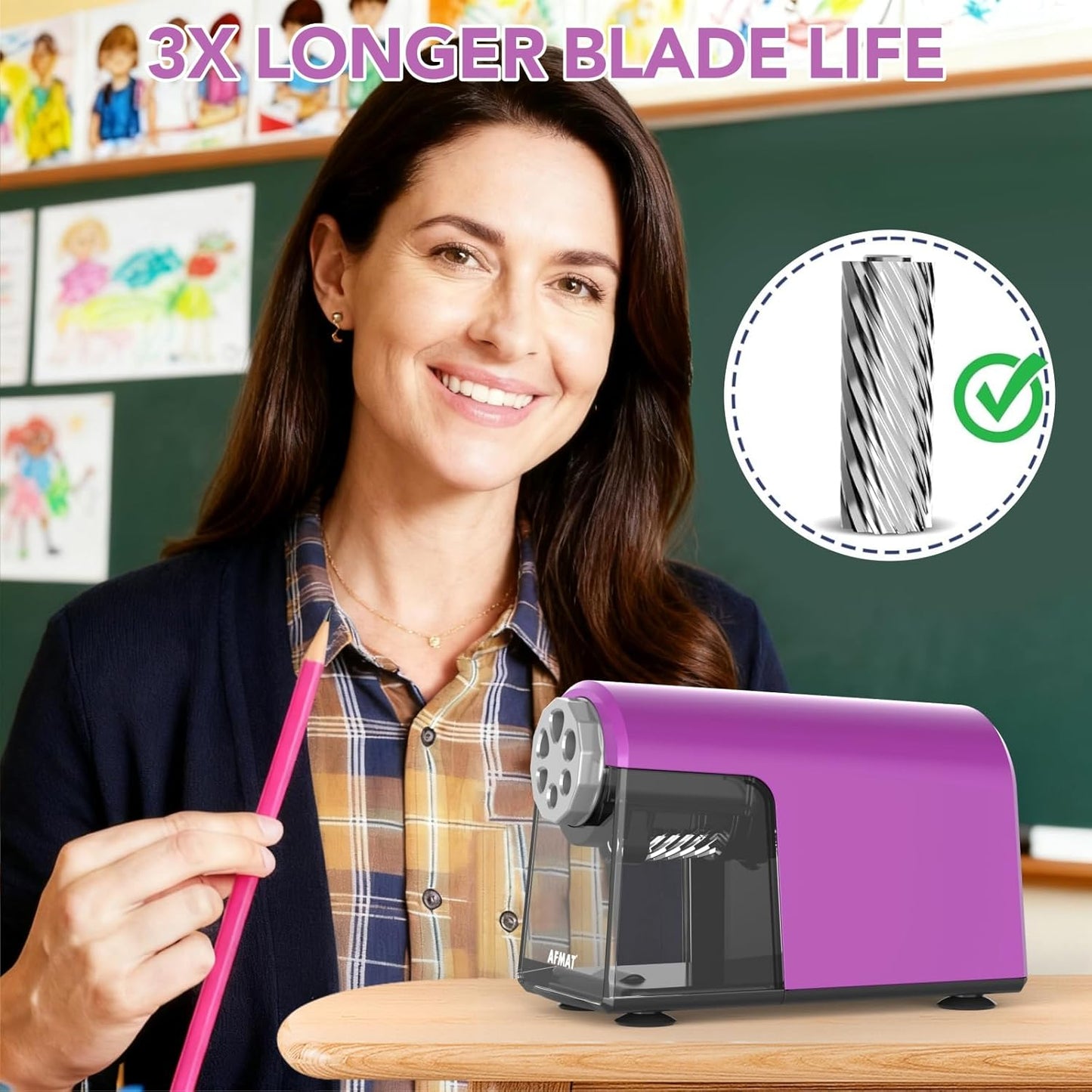 AFMAT PSD2 Electric Pencil Sharpener Heavy Duty, 6 Holes, Cordless & Rechargeable, Fast Sharpen, Auto Stop, 10K+ Uses, Classroom Pencil Sharpener for 6-11mm No.2/Large/Colored Pencils, Purple