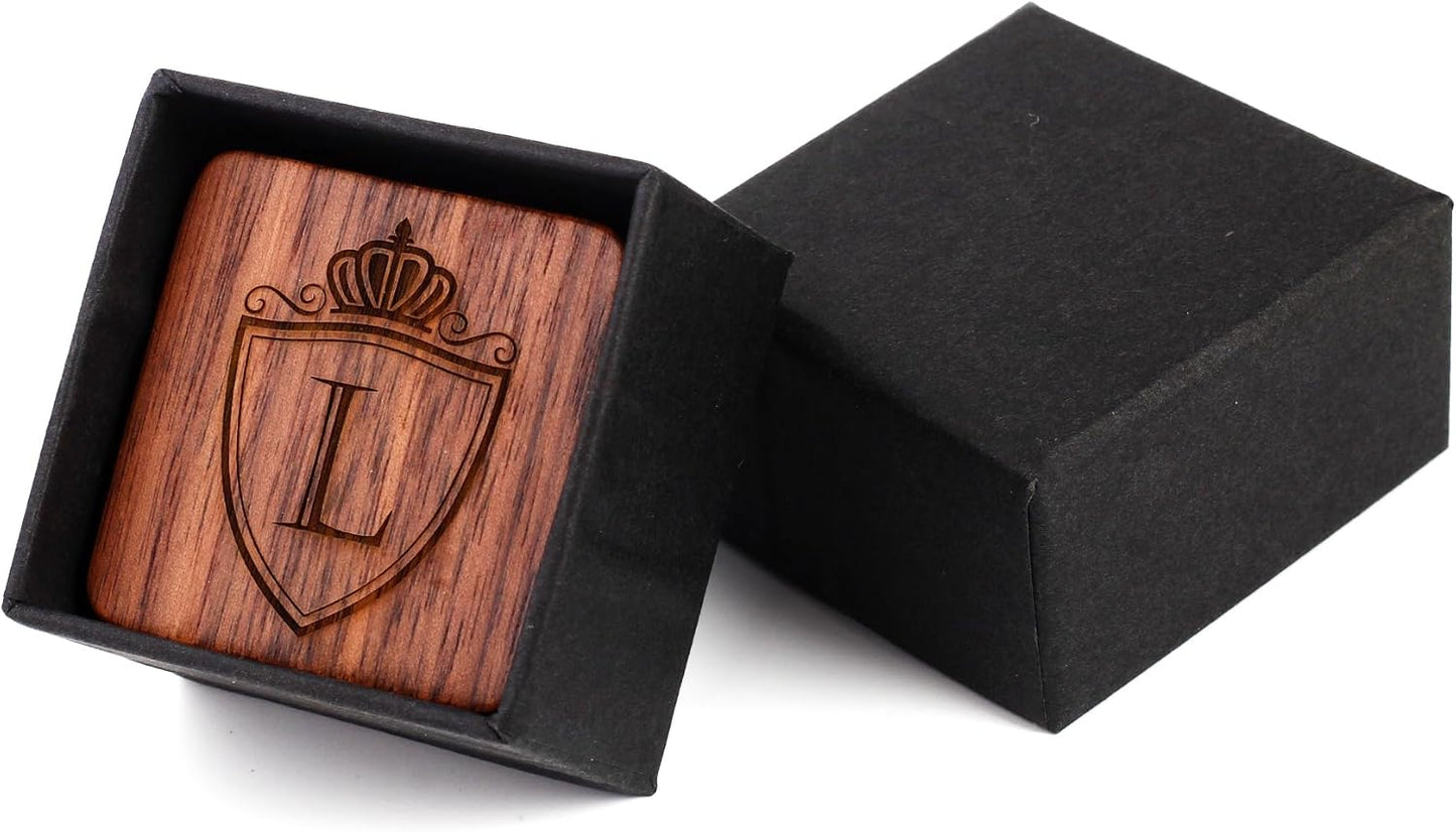 Mens Initial Silver Cufflinks A-Z Alphabet Letter Steel Cuff Links with Engraved Walnut Wood Box Groom Groomsman Wedding Set…