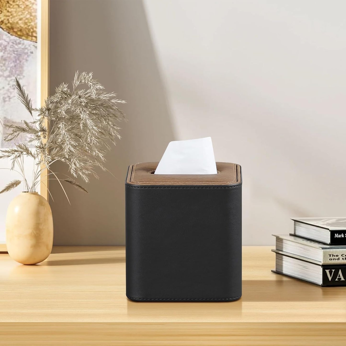 Tissue Box Cover Square, Modern PU Leather Tissue Holder with Magnetic Closure for Bathroom NightStands, Decorative Square Tissue Box Holder (Black)