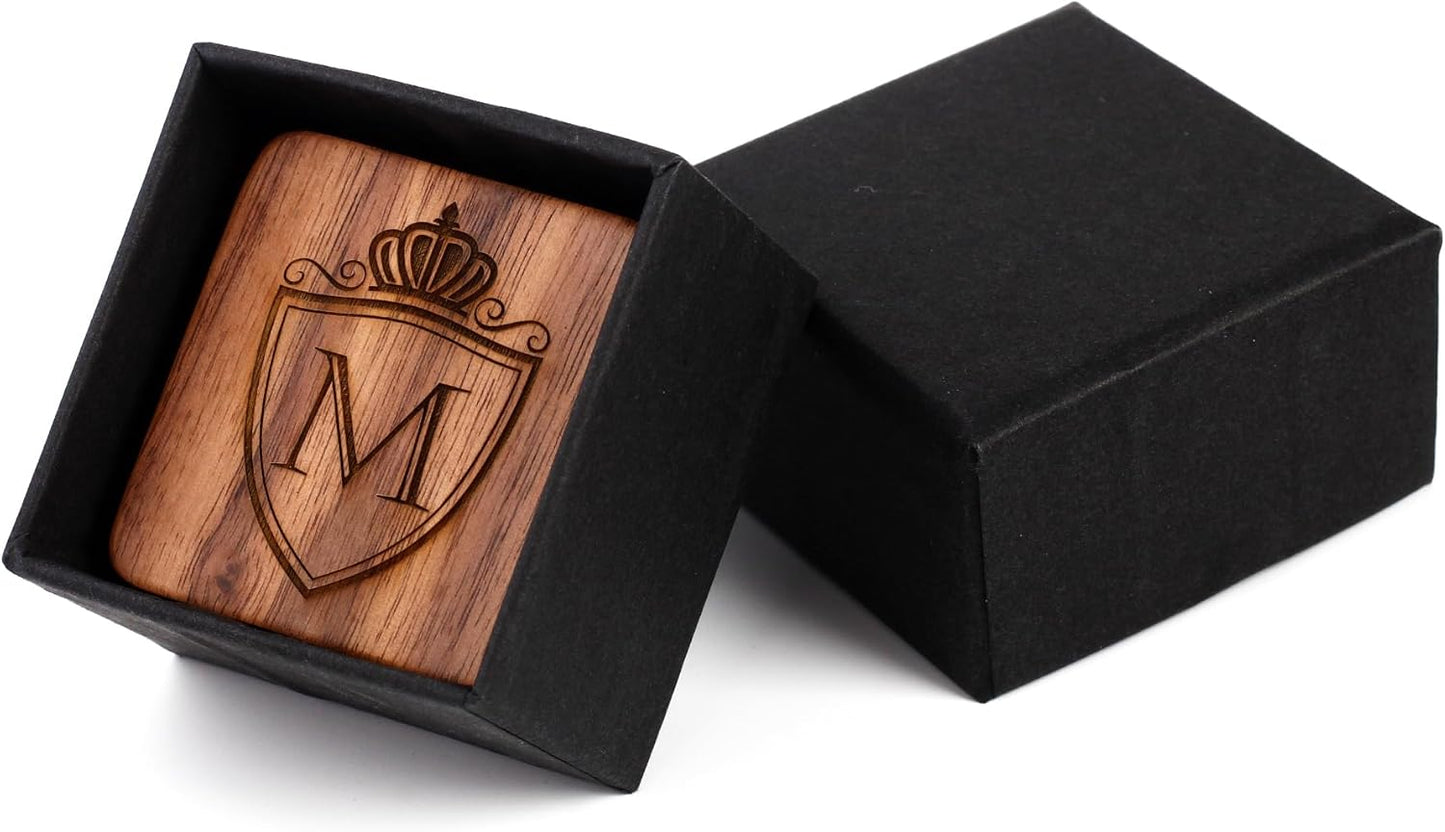 Mens Initial Silver Cufflinks A-Z Alphabet Letter Steel Cuff Links with Engraved Walnut Wood Box Groom Groomsman Wedding Set…