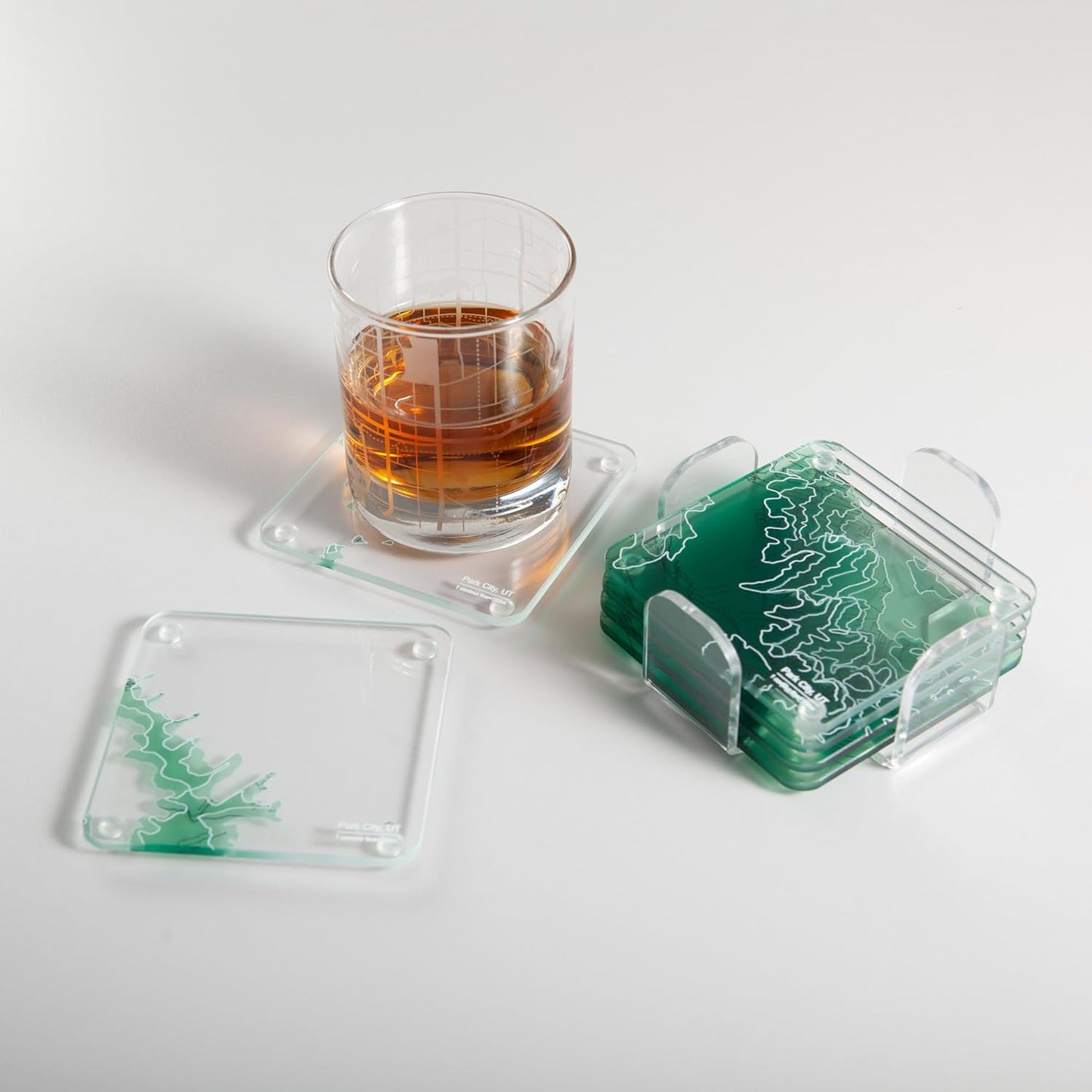 Deer Valley, UT 3D Contour Map Glass Drink Coasters of Mountains, Ski Resort, Set of 6 with Holder, Housewarming Birthday Gifts, Home Decor