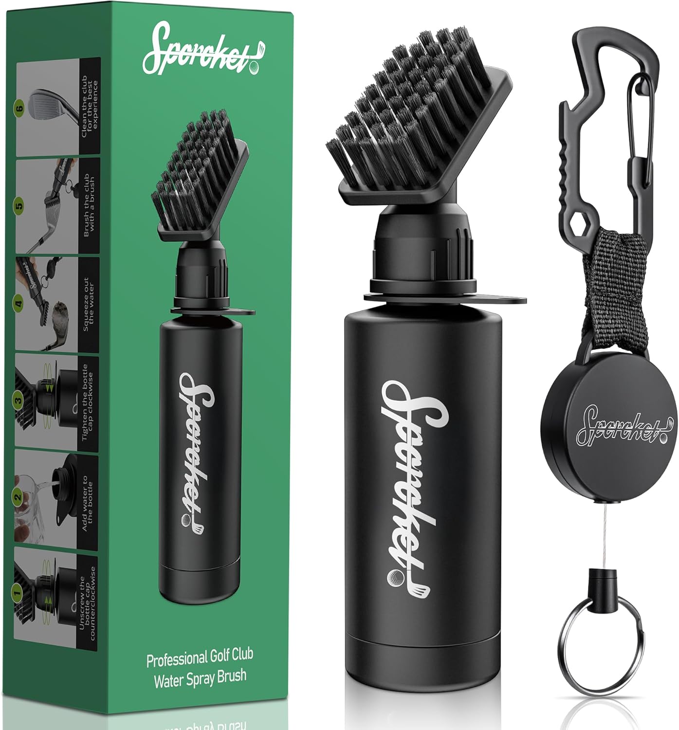 Pro Golf Club Brush Cleaner with Multi Purpose Heavy Duty Retractable Clamp and Squeeze Bottle for 4 oz of Water, Premium Golf Accessories for Men