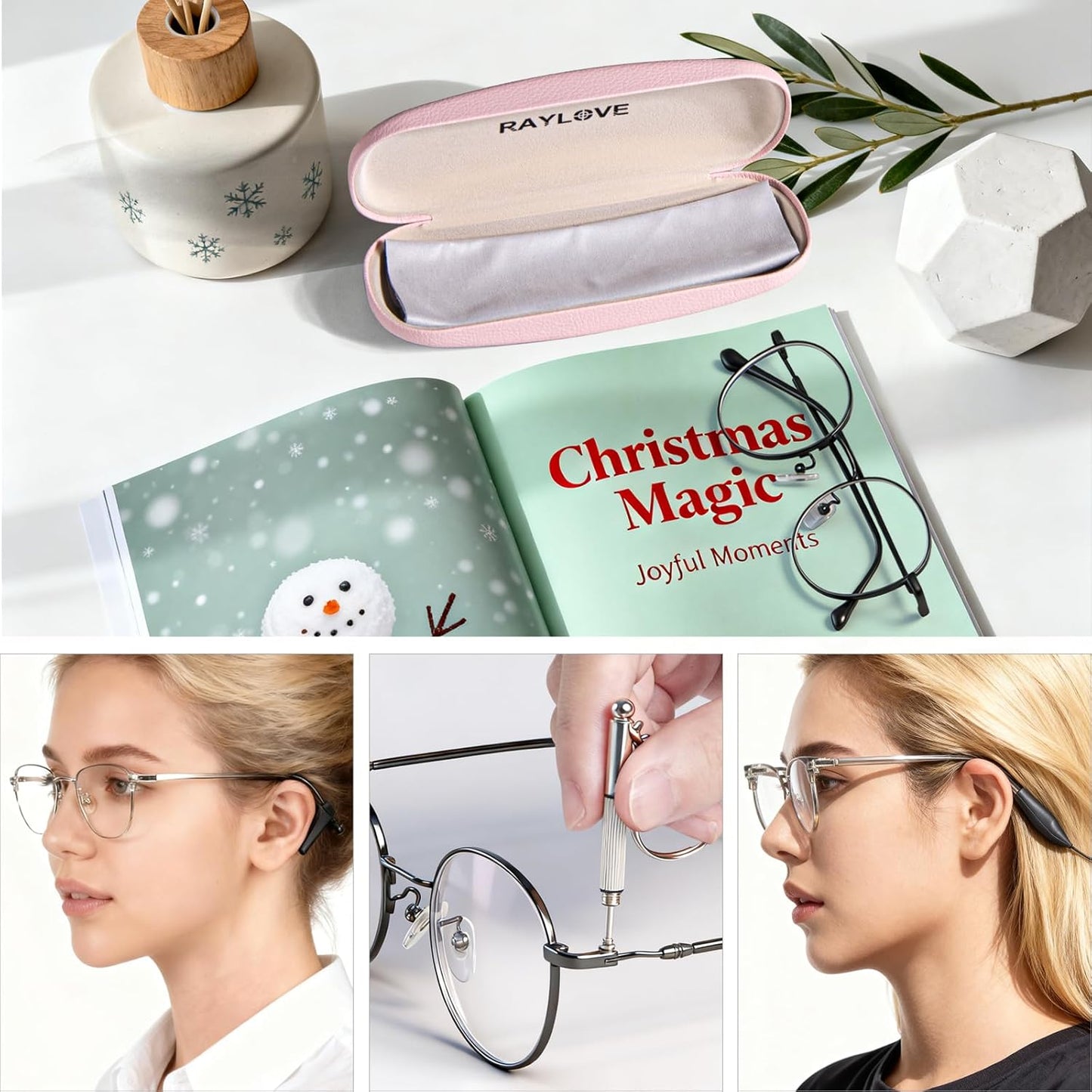 RayLove Glasses Case, Unisex Hard Shell Eyeglass Case, PU Leather Protective Hard Eye Glasses Cases with Eyewear Accessories