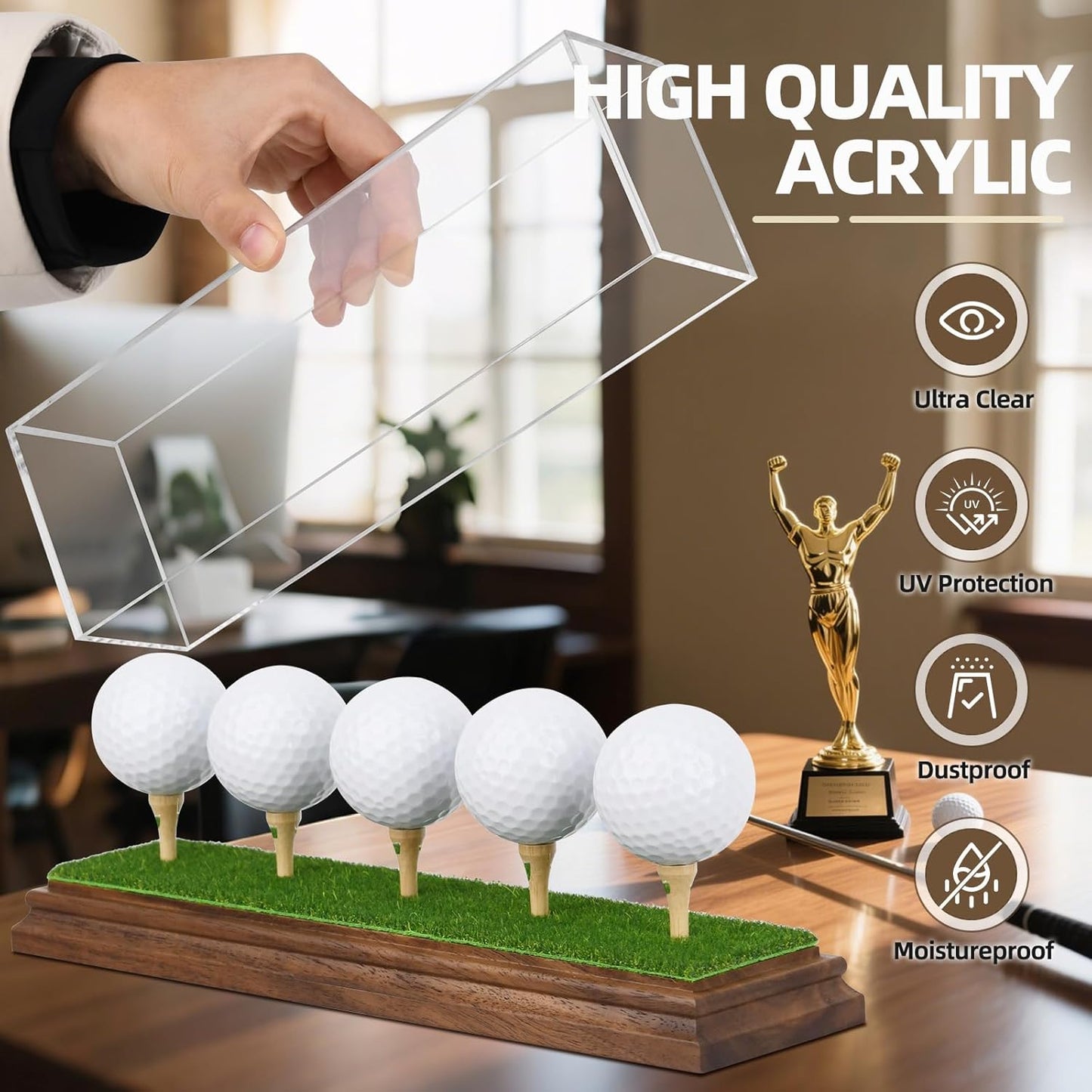 Golf Ball Display Case for 5 Golf Balls Holder Display Walnut Wood Base Acrylic Hole in One Golf Ball Case Display Uv Protection Golfball Stand Rack,Golf Office Decor Gifts for Men