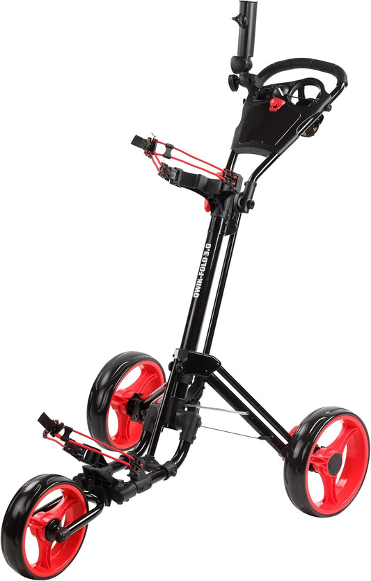 Golf Push Cart 3 Wheel with Foot Brake – 1-Second Fold/Unfold, Adjustable Handle, Umbrella Holder, Beverage Compartment & Storage | Lightweight Aircraft-Grade Aluminum Frame