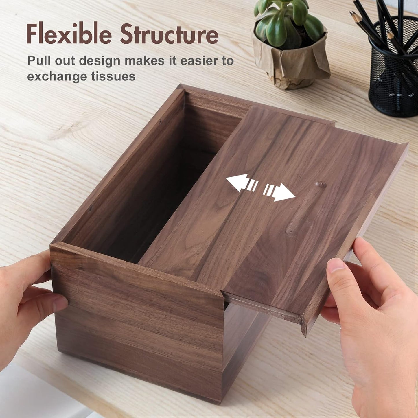Walnut Wood Tissue Box Cover with Slide-Out Bottom - Rectangular for Bathroom, Bedroom, Dinner Table, Office