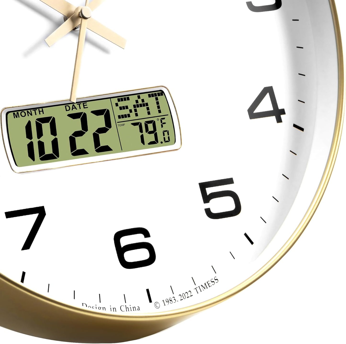 Wall Clock, 14" Large Dial Non-Ticking Silent Battery Operated Analog with LCD Display for Perpetual Calendar and F° Temperature, Ideal Modern Home, Bedroom, Office Decor (Gold)