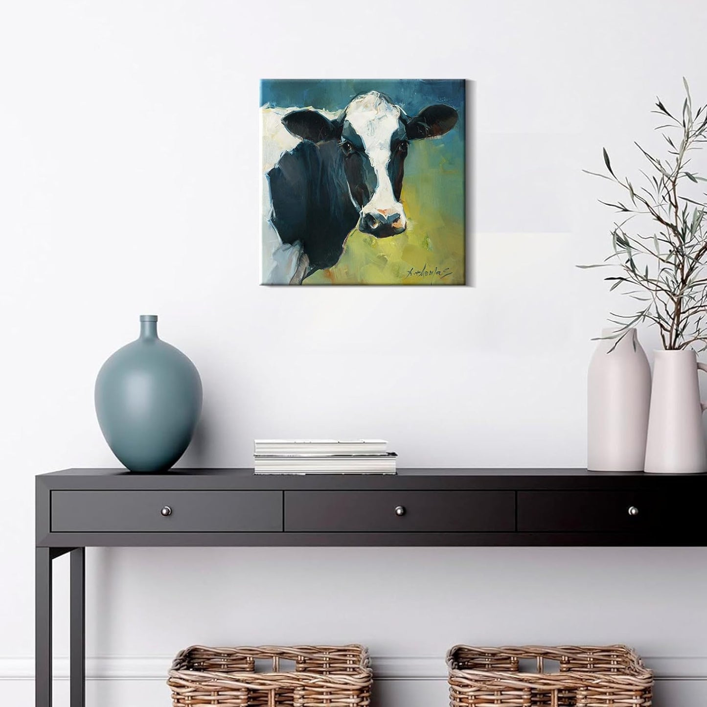 JZLDZS Farmhouse Cow Pictures Wall Decor Country Cow Canvas Wall Art Rustic Wall Decor for Living Room Kitchen Bedroom Bathroom Office, 12x12 Inch Ready to Hang