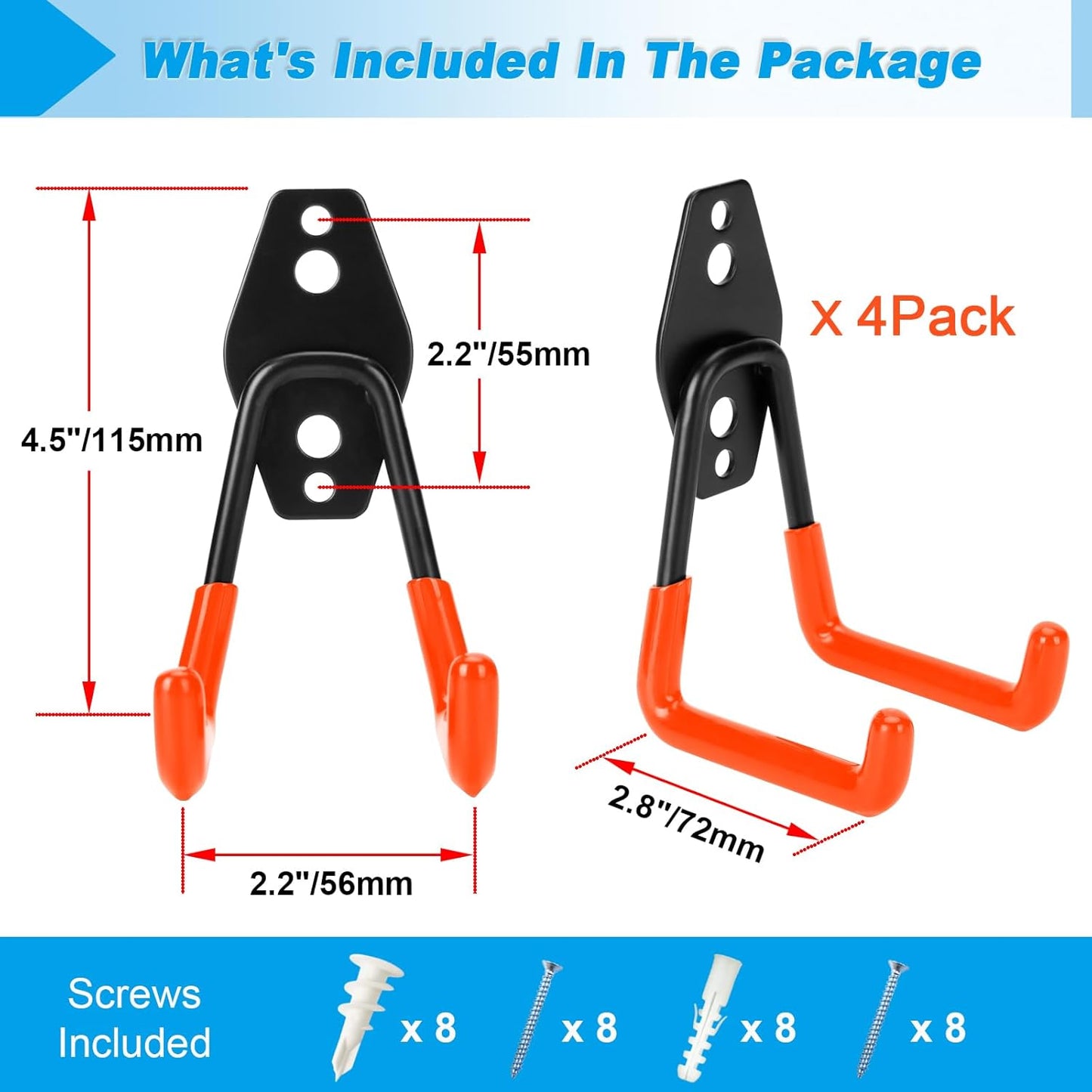 4 Pack Garage Hooks Heavy Duty - Supports 100 lbs, Utility Steel Garage Hanger & Organizer for Organizing Garden Lawn Tools, Ladders, Garden Hose, Digging Shovel, Bikes, Ropes (Orange)