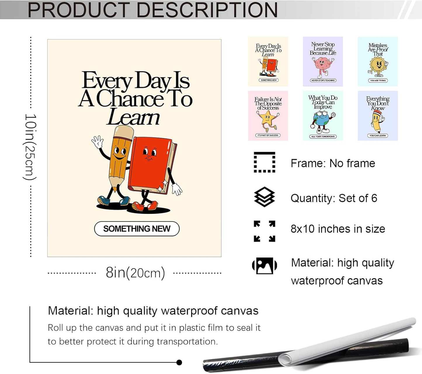 Set of 6 Colorful Growth Mindset Posters, Retro Inspirational Classroom Poster, Motivation Growth Mindset Wall Art for Classroom, Educational Poster for Teachers Bulletin Board 8x10in Unframed