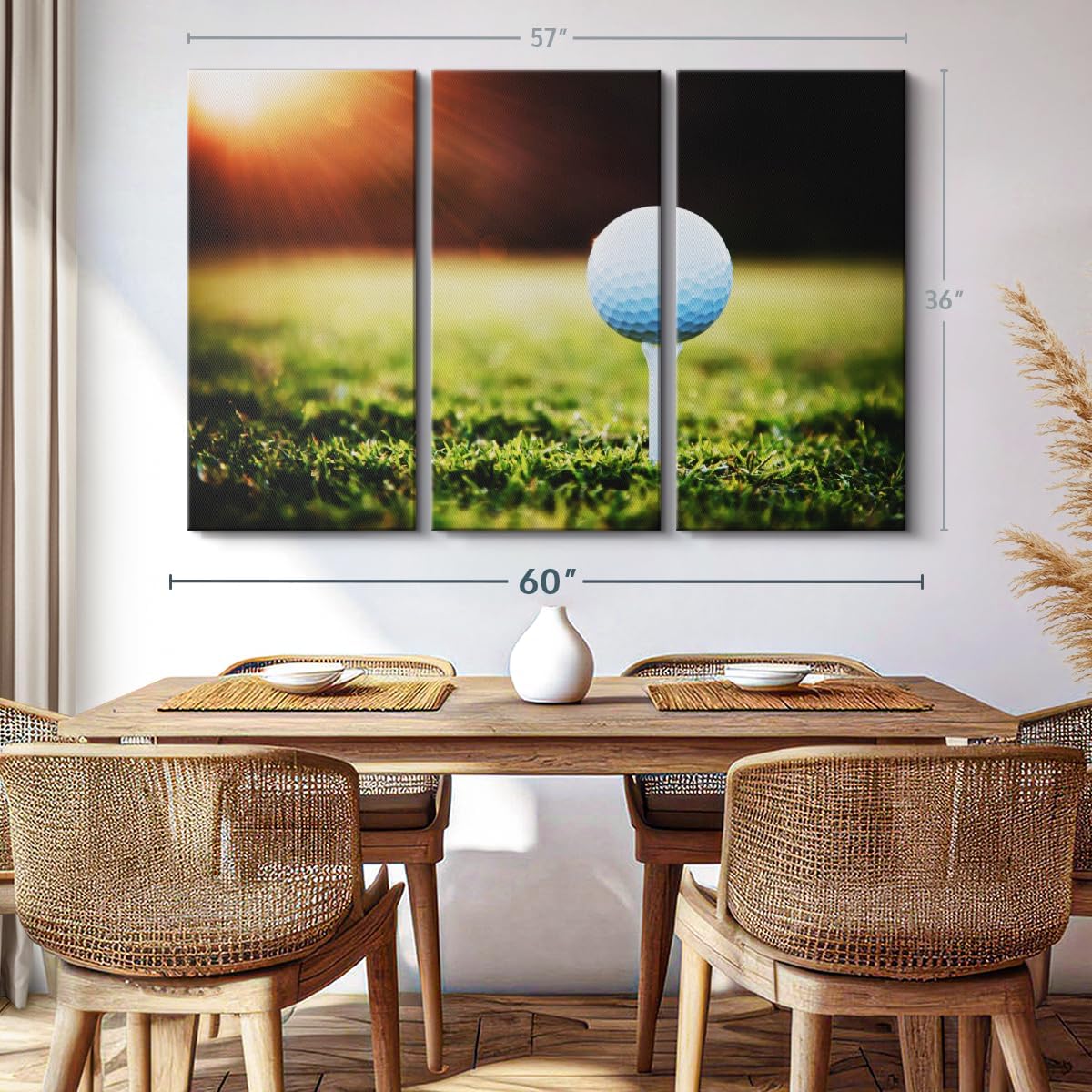 ElephantStock Golf Ball Tee Wall Art - Horizontal Canvas - 3-Piece Living Room Wall Decor - Photography Photographic Canvas Print - Black and White Decor for Wall - 57" X 36"