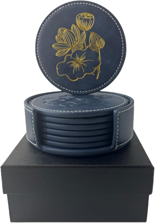 Custom Vintage Coasters Set of 6, Leather Coasters with Holder, Coaster for Office Desk, Non-Slip, Non-Stick, Easy Clean, for Housewarming Gifts, Home Decor, Wooden Table, Coffee Table, Bar (Blue)