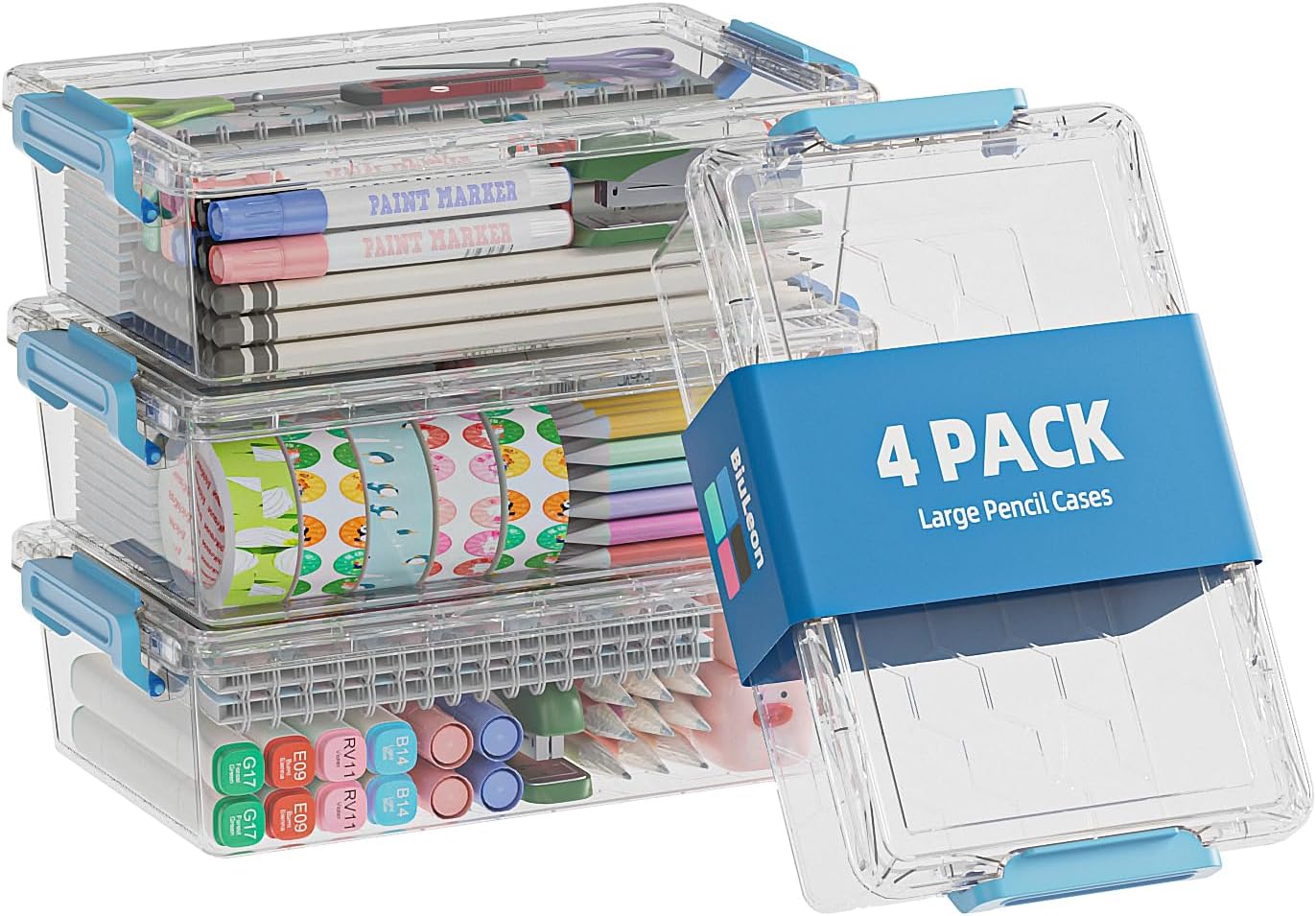 4 Pack Extra Large Pencil Box, Plastic Pencil Case Organizer, Clear Crayon Box Marker Organizer, Stackable Craft Organizers and Storage for Pen, Craft, Art Supply(Blue)