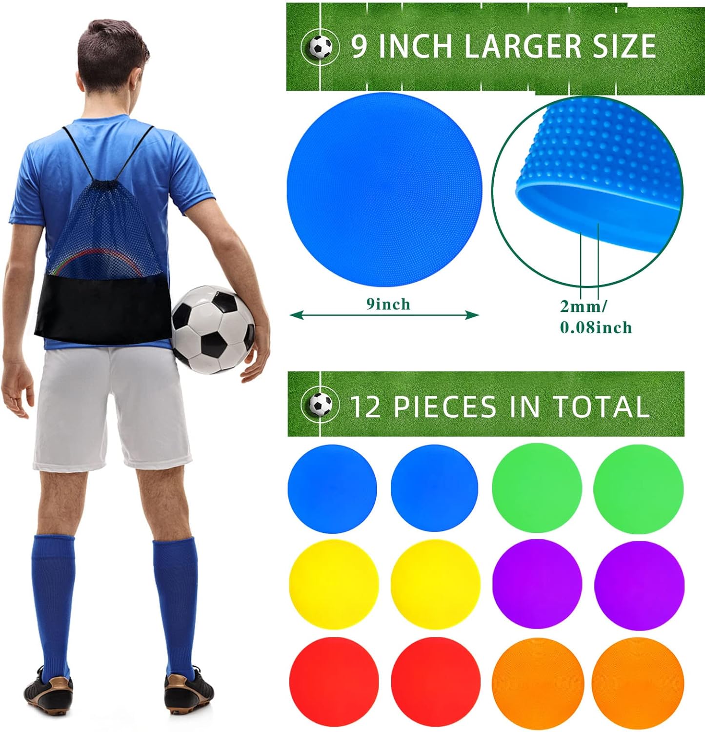 12/24Pcs Poly Spot Markers 9 inch Non-Slip Rubber Agility Training Markers Floor Dots Flat Field Cones for Football Basketball Soccer School Exercise Drills Gym Dance Practice 6 Colors