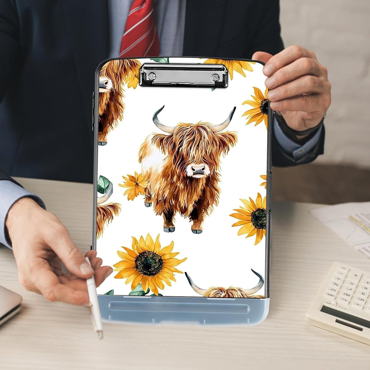Clipboard with Storage - Large Capacity,Nursing Clipboard with Pen Holder,Heavy Duty,Plastic Side-Opening Folder for Teacher,Nurse - Sunflower Highland Cow