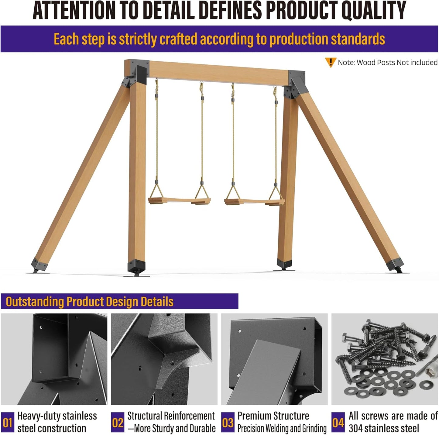 Hulave Stainless Steel Swing Bracket Kit, 4-Pack Swing Set Anchor Leveling Kit Bracket 4"x4"+2pcs A Frame Swing Set Brackets with Mounting Accessories(Black)