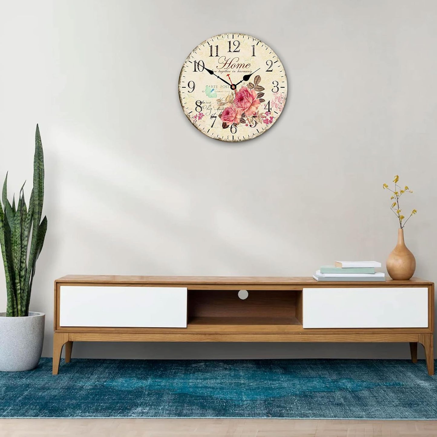 VIKMARI 14 Inch Wooden Wall Clock Art Hanging Clocks Silent Non-Ticking Wall Clock Battery Operated Round Home Flowers Style Arabic Numeral Decorative Wall Clocks