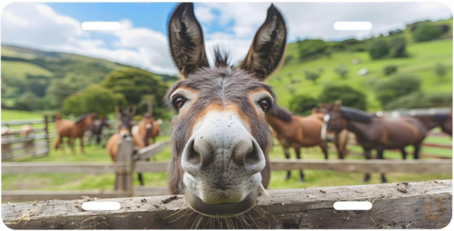 Funny Donkey Farm License Plate Funny Aluminum Front License Plates Decorative Waterproof Rust-Free Metal Car Plate Covers for Women Men Car Tag Accessories fit Truck SUV Rv 12 X 6 Inch