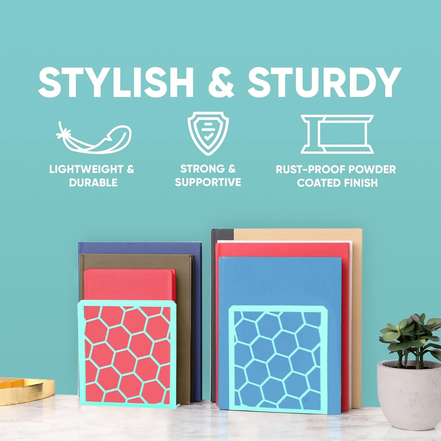 GEOMOD Geometric Honeycomb Turquoise Metal Bookends Decorative - Tall Sturdy Book Ends for Shelves - Modern Heavy Duty Bookend Stopper - Office Shelf Book Holder - 6x3.25x6.25 Inches - 1 Pair