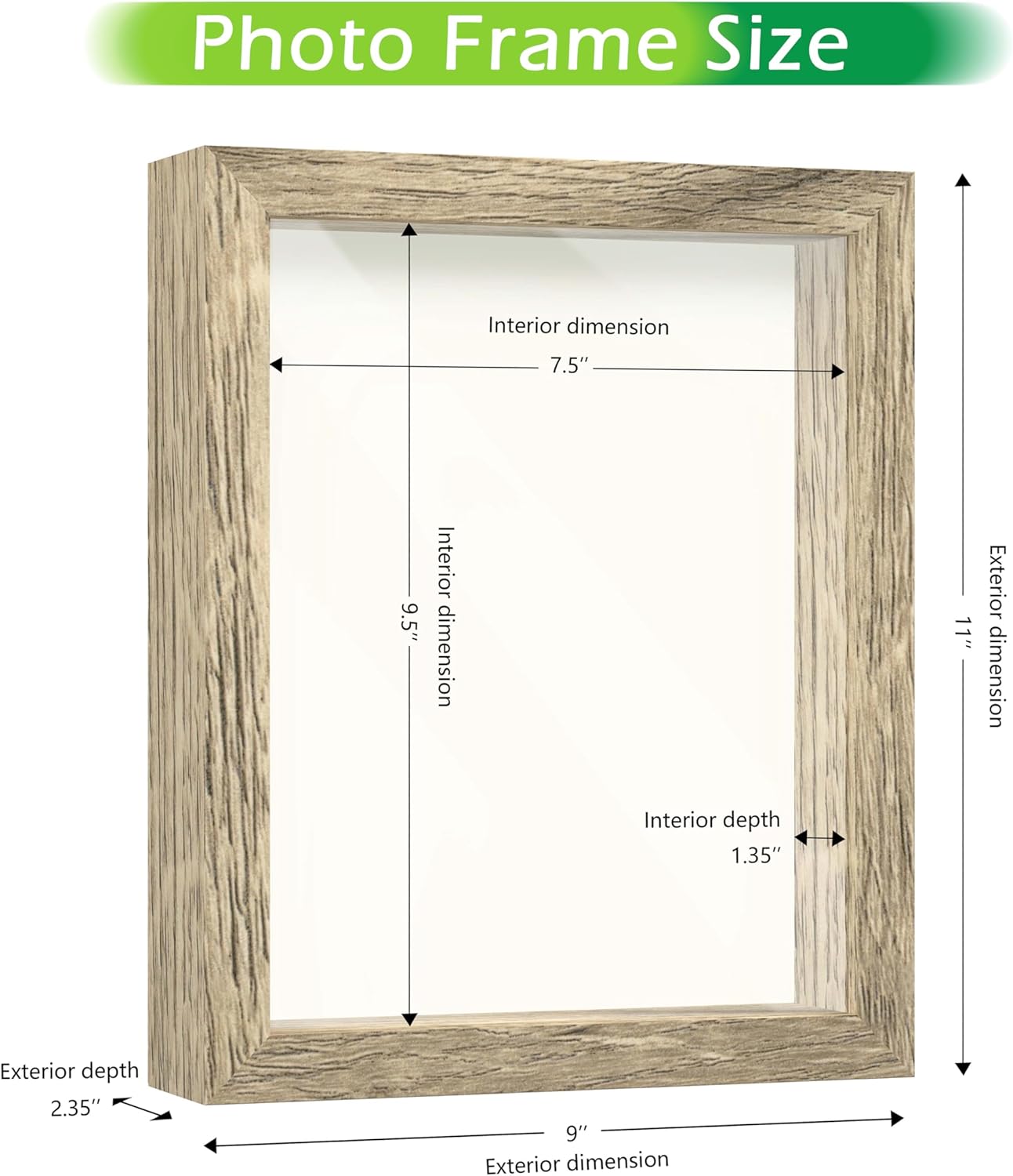 FrameWorks 8x10 Driftwood Wooden Shadow Box Frame – Soft Felt Back, Tempered Glass, and Included Elegant White Ball Push Pins