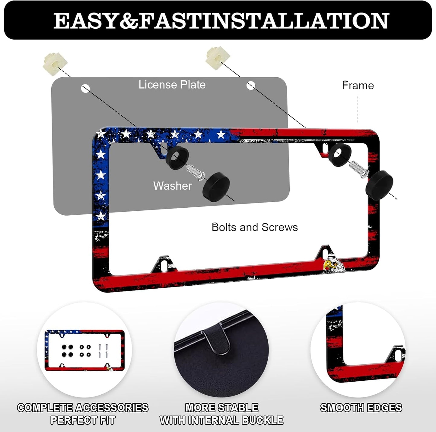 American Flag Eagle License Plate Frames - 2 Pack Front Rear Patriotic License Plates Holder Covers, Aluminum Metal Rust-Proof Waterproof Car Tag Frame with Screws Fasteners Caps