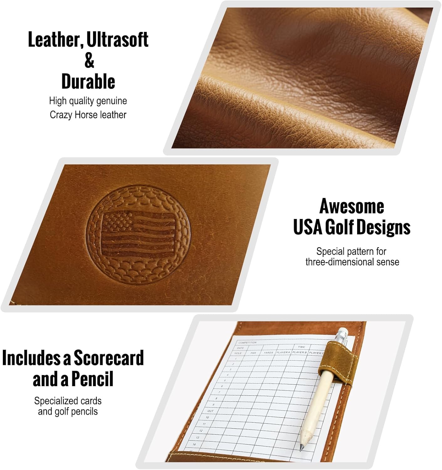 Leather Golf Scorecard Holder: USA Genuine Crazy Horse Leather Golf Yardage Book Cover with 1 Scorecard 1 Pencil Golf Notebook Back Pocket Cool Golf Gifts for Him Golfers Men