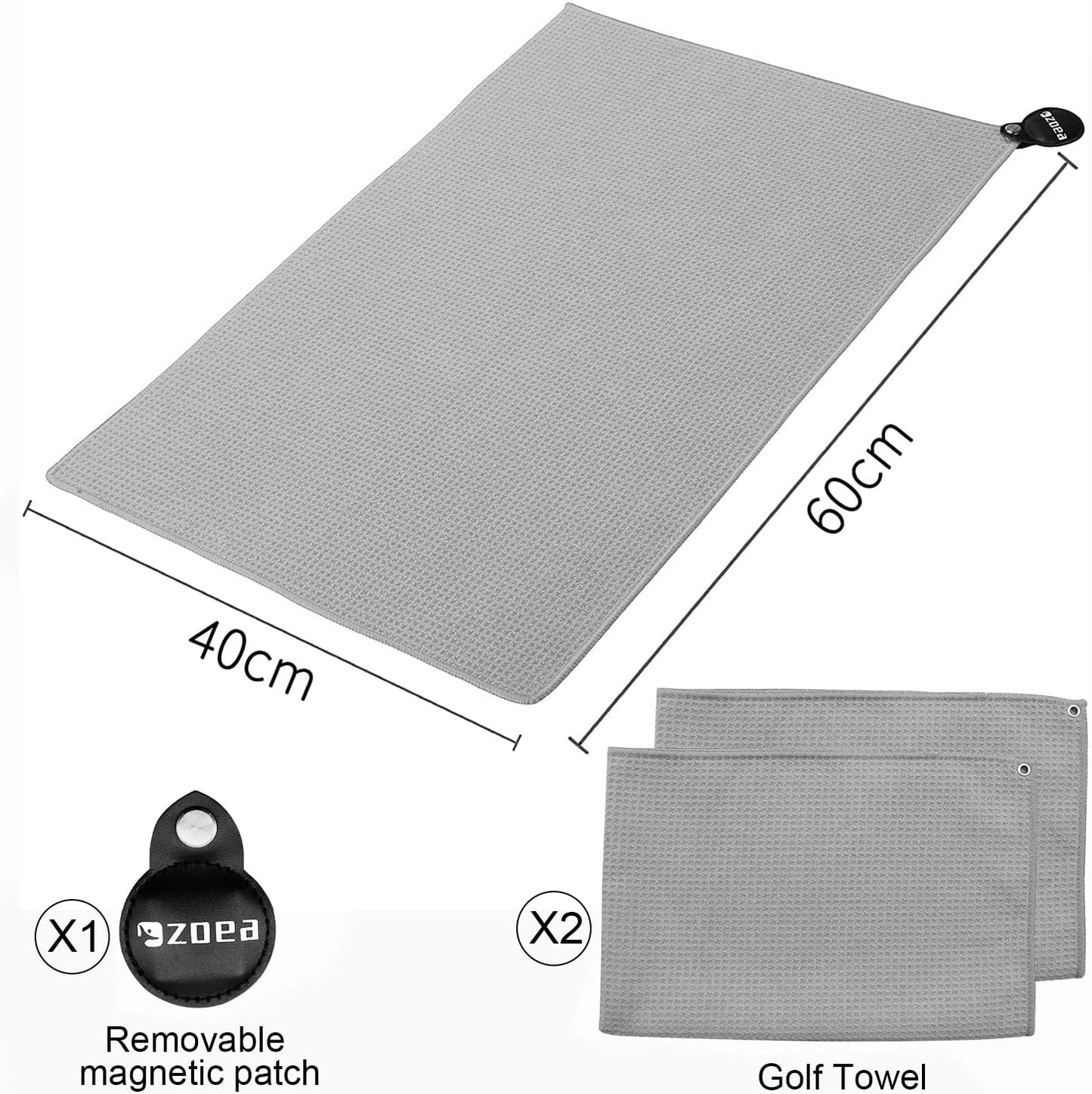ZOEA Magnetic Towel, Magnetic Clip for Golf Towel, Microfiber Fabric Waffle Pattern Towels Industrial Strength Magnet for Strong Hold to Golf Carts or Clubs (2, Grey)
