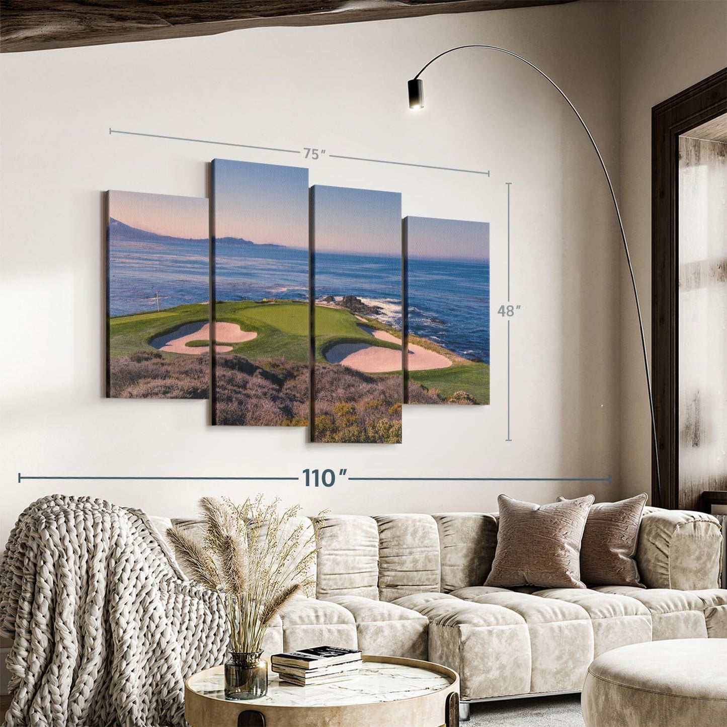 Elephant Stock Pebble Beach Golf Club Wall Art - Horizontal Canvas - 4-Piece Living Room Wall Decor - Luxury Photography Canvas Print - Beige and Blue Decor for Wall - 75" X 48"