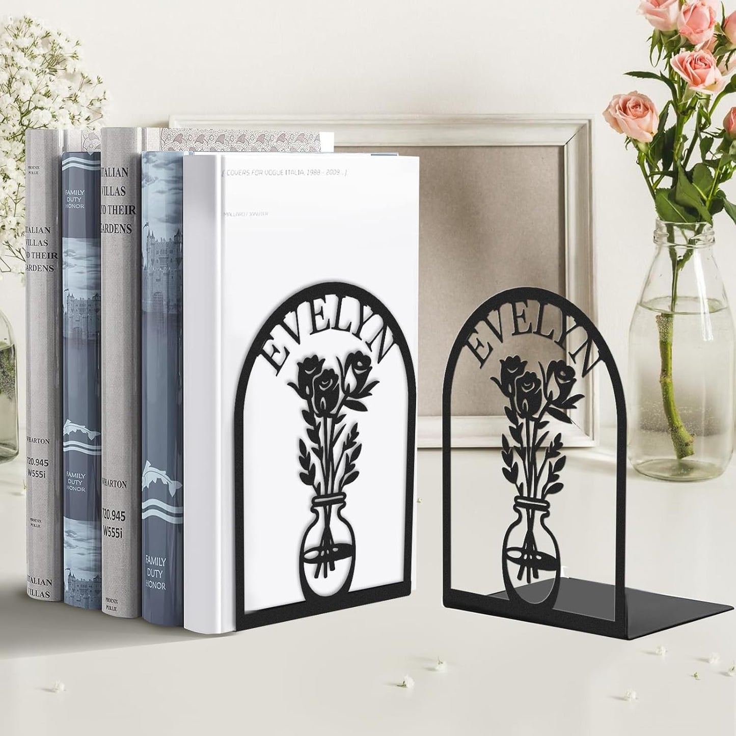 Custom Name Metal Book Ends 2 Pcs, Unique Bookends for Shelves Room Decorative, Heavy Duty Metal Bookends, Non-Slip Book Stopper, Book Shelf Holder for Home Office School, Book Lovers Gifts