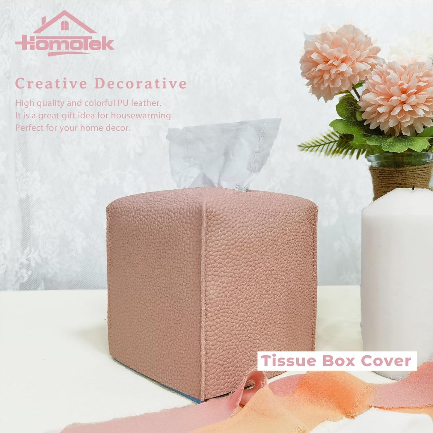 HOMOTEK 2 Pack Tissue Box Cover, Square PU Leather Tissue Holder, Decorative Facial Tissue Cube Paper Organizer Dispenser for Bathroom, Night Stands, Desk, Car 5X5X5'' - Dusty Rose, Pebble Grain
