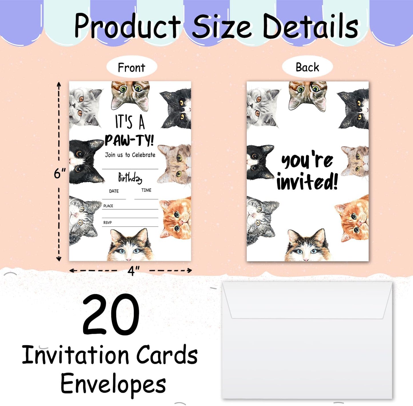 It's a paw-ty! Birthday Invitations, Cat Party Invitations, 20 Double-Sided Fill In Invitation with Envelopes for Boys Girls, Birthday Party Decorations Favor