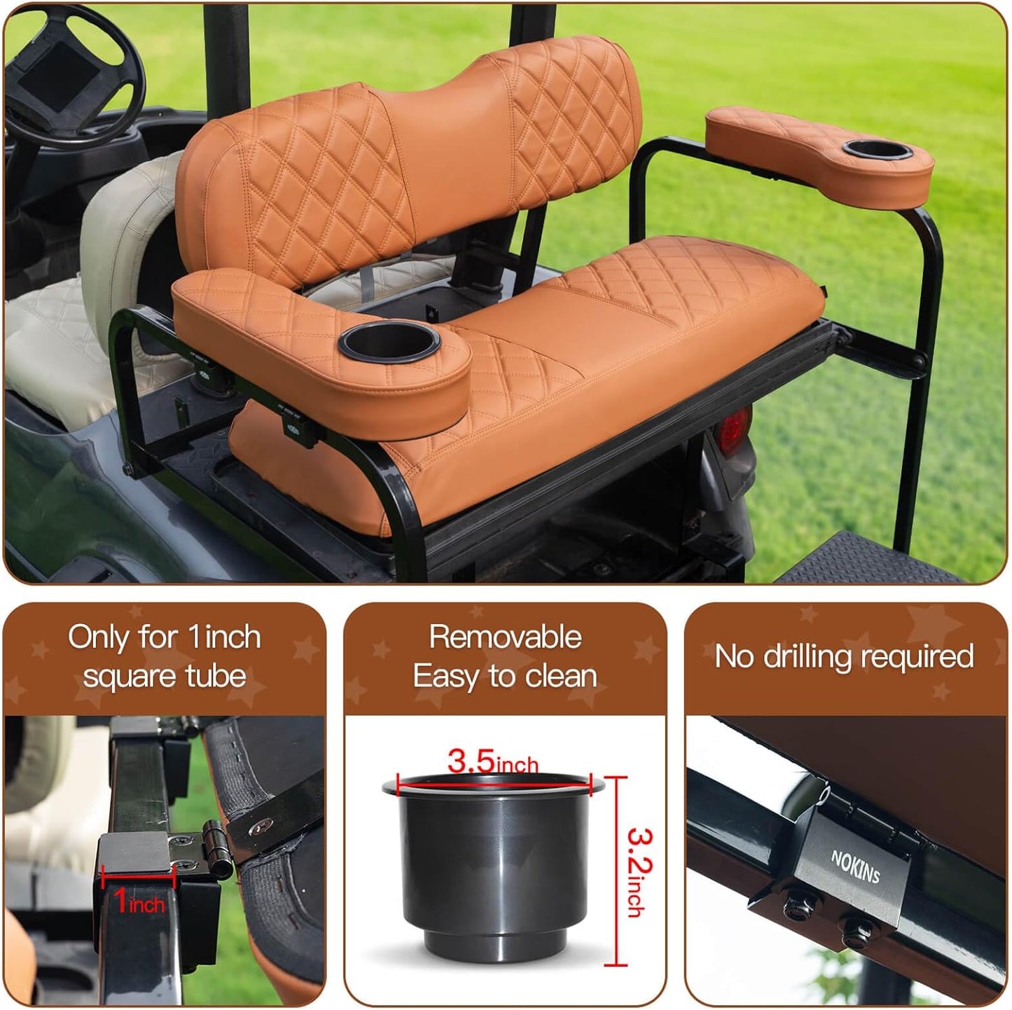 NOKINS Golf Cart Diamond Flip Armrest with Cup Holder, No Drilling Required, Golf Cart Folding Hinged Armrest, Inward Mount, for Club Car EzGo Yamaha Back Seat Kit