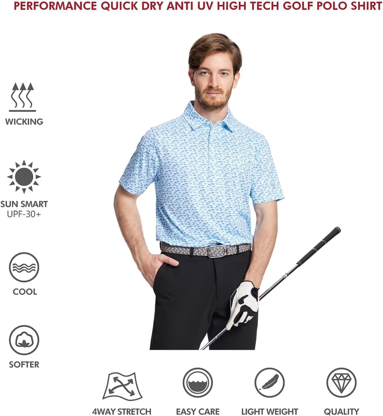 Golf Shirts for Men Dry Fit Short Sleeve Print Performance Moisture Wicking Polo Shirt