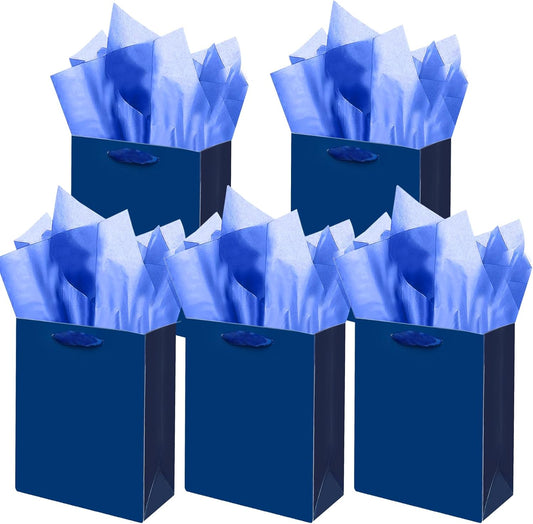 Gcardist Nordic Blue Gift Bags with Tissue Paper for Wedding, Birthday, Party Supplies - 7.9"x4.3"x9.6" Medium Size Cardboard Gift Bags (5pcs + 10pcs Tissue Paper)