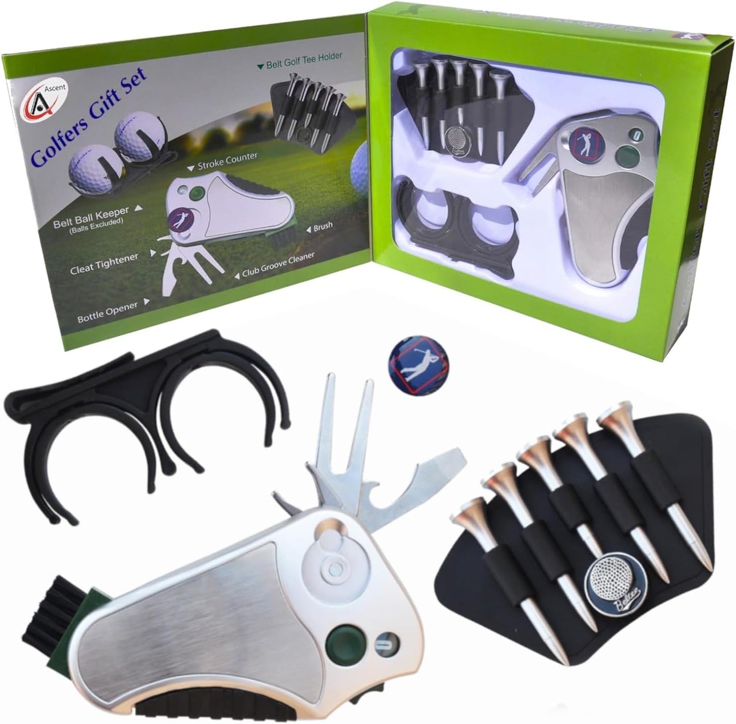 Golfer's Best Golf Gift Set: Tool - Stroke Counter, Divot Tool Repair, Brush, Ball Marker, Cleat Tightener, Club Groove Cleaner Belt Tee Holder Tees Belt Ball Holder - Gift Idea For Men Women