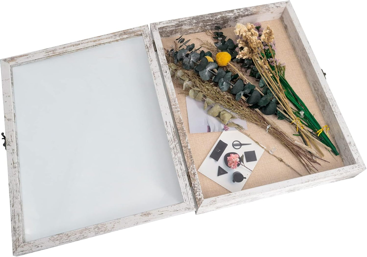GraduatePro Shadow Box Frame 11x14 Display Case with Linen Back, Real Glass Window Door with Hinge, Picture Frame Wedding Bouquet Memorabilia Medals Photos Memory Box for Keepsakes, Rustic White