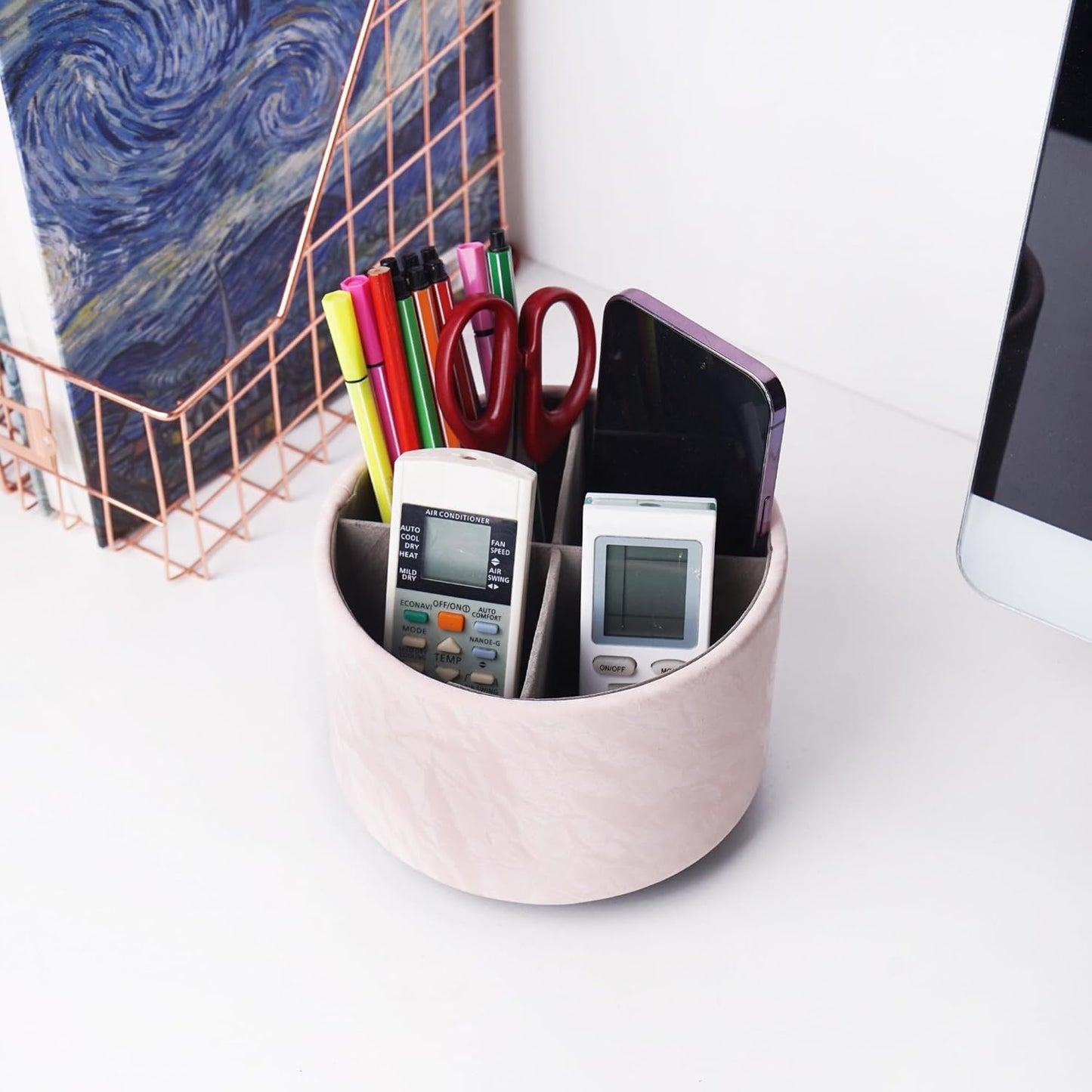 Hennaja Round Leather Art Supply Organizer,Remote Control Holder,360 Degree Spinning,Multi-Functional Pencil Holder,4 Compartments Desktop Stationary Organizer(1-Hill Pink)