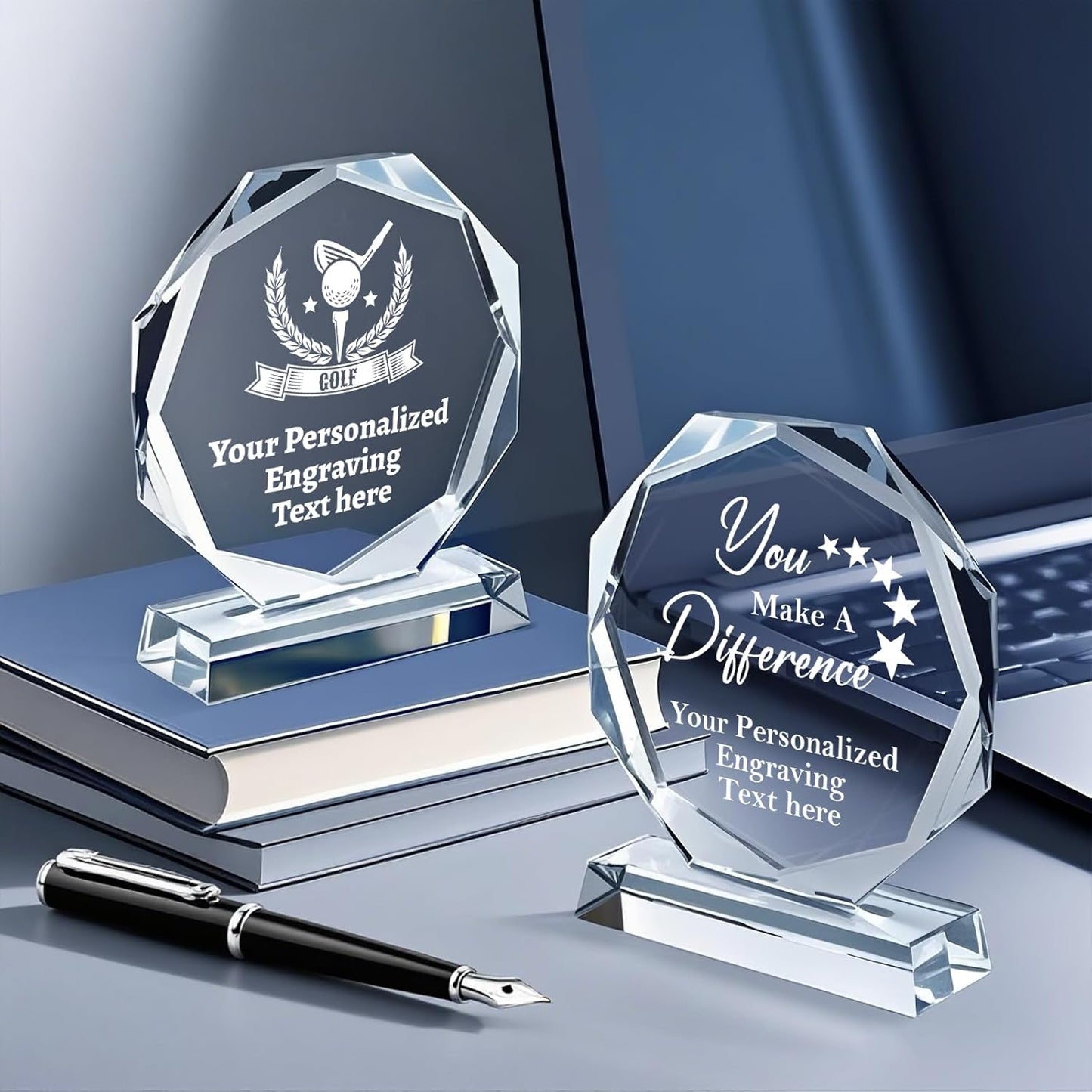 Personalized Crystal Trophy Award - Custom Plaque w/Engraved Text Logo - Employee Appreciation Gifts, Farewell Retirement Gifts - Custom Trophy and Employee Recognition Awards