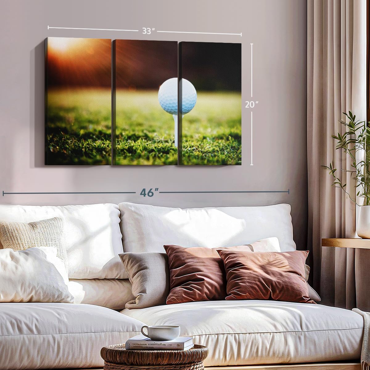 ElephantStock Golf Ball Tee Wall Art - Horizontal Canvas - 3-Piece Living Room Wall Decor - Photography Photographic Canvas Print - Black and White Decor for Wall - 33" X 20"